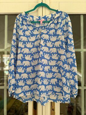 Lilly Pulitzer Elsa Silk Top Blue/White Elephant - Size XL